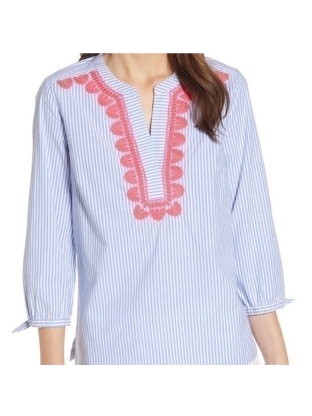 Vineyard Vines Striped Embroidered Savannah Popover Blouse, Size M, Blue & Pink